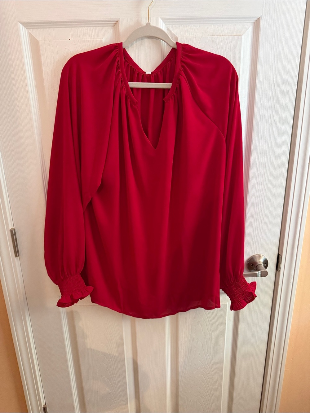 Red Long-Sleeve V-Neck Blouse - Women's Top